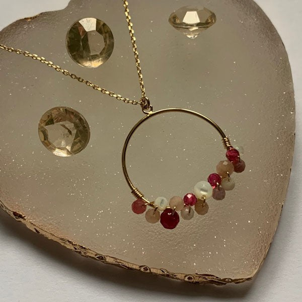 Gold filled ring chain necklace with pink stones 