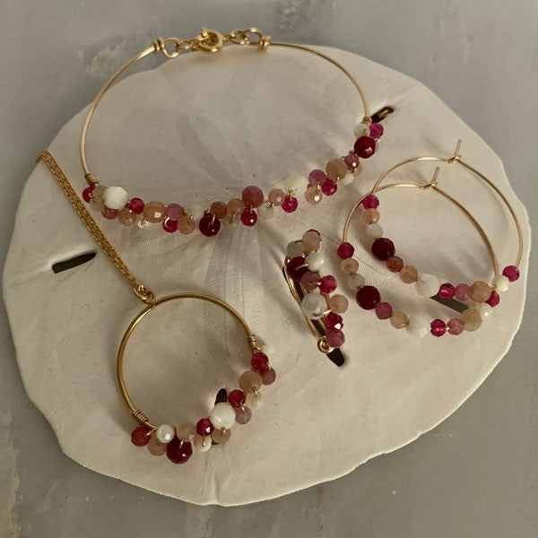 Gold filled ring chain necklace with pink stones 