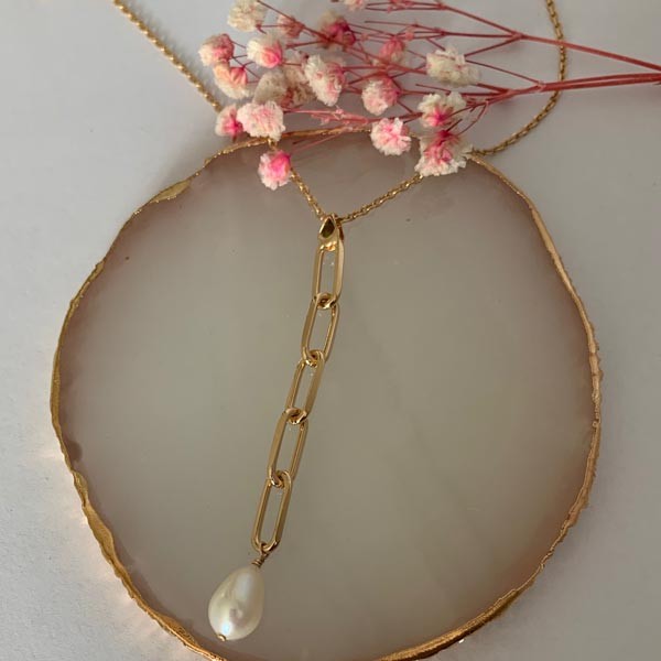 Gold plated chain necklace rectangle white freshwater pearl 