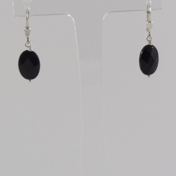 Faceted oval onyx silver earrings