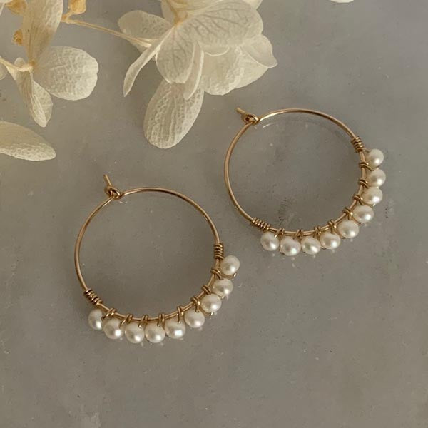 Medium hoop earrings gold plated white freshwater pearls 