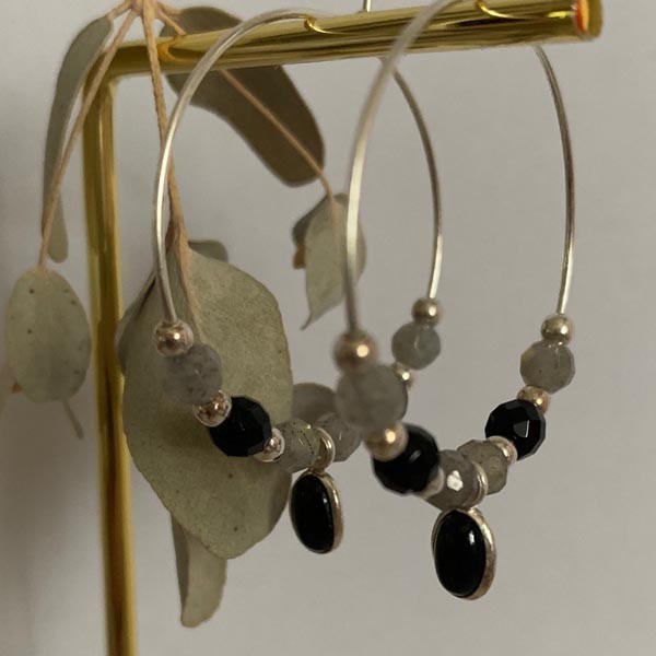 Silver onyx hoop earrings