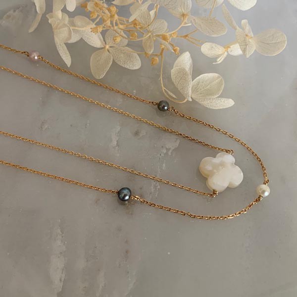 Gold plated chain necklace with faceted white mother-of-pearl cross