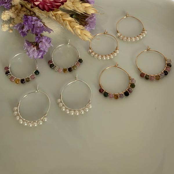 Medium hoop earrings gold plated white freshwater pearls 