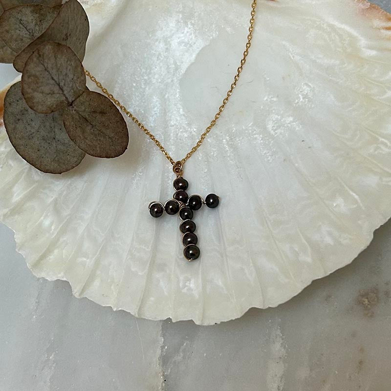 Gold plated chain necklace with black freshwater pearl cross 