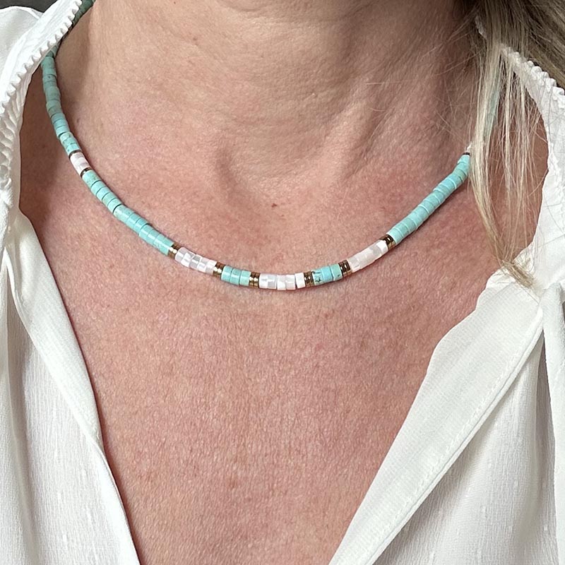 Collier Heishi turquoise et nacre blanche