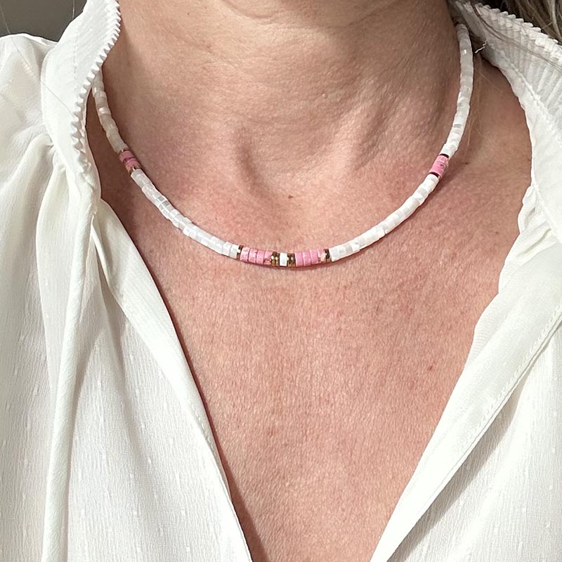 Collier Heishi nacre blanche et jaspe rose