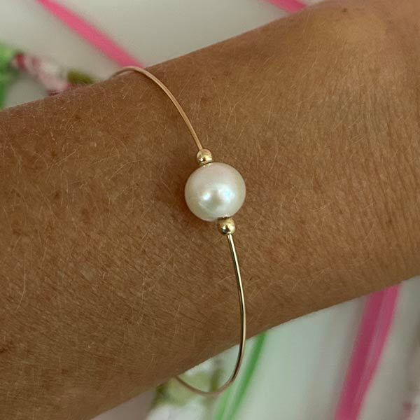 Fine gold filled bangle bracelet with white pearls