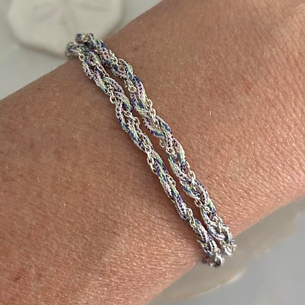 Bracelet 2 rangs tressés chaine argent cordon multicolore claire