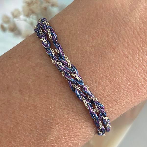 Bracelet 2 rangs tressés chaine argent cordon multicolore violet