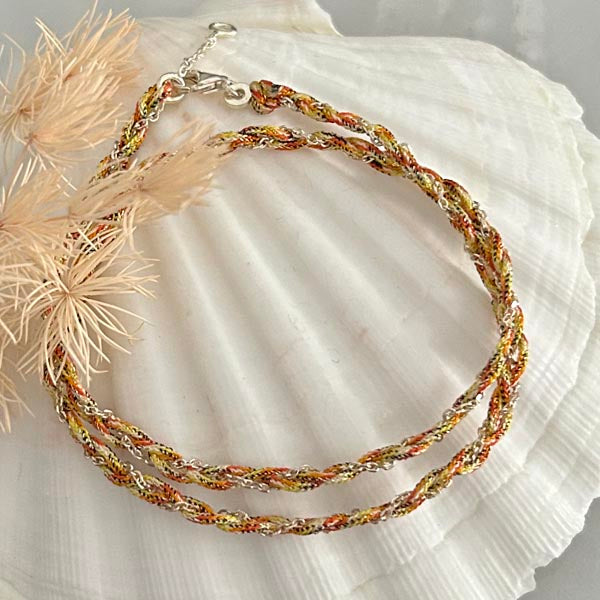 Bracelet 2 rows braided gold-plated chain two-tone pink cord