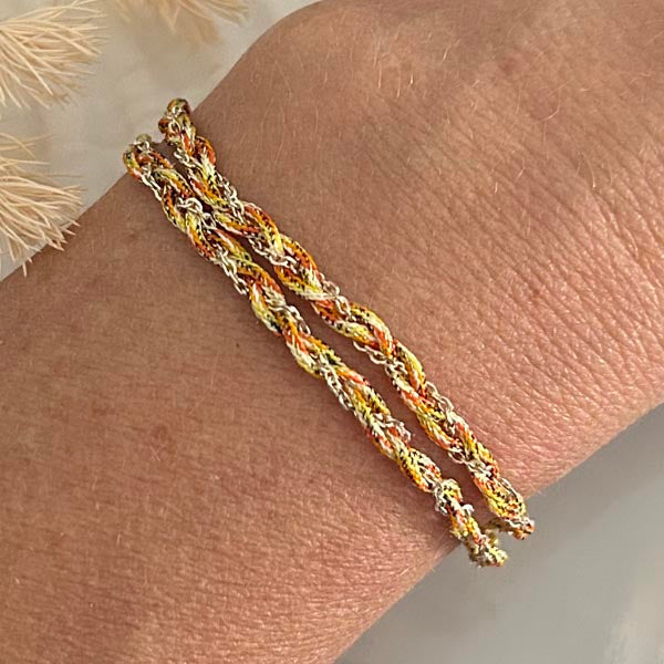 Bracelet 2 rangs tressés chaine argent cordon multicolore jaune